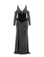 Ghost mannequin shot of black and silver sequined gown