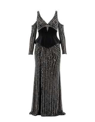 Ghost mannequin shot of black and silver sequined gown