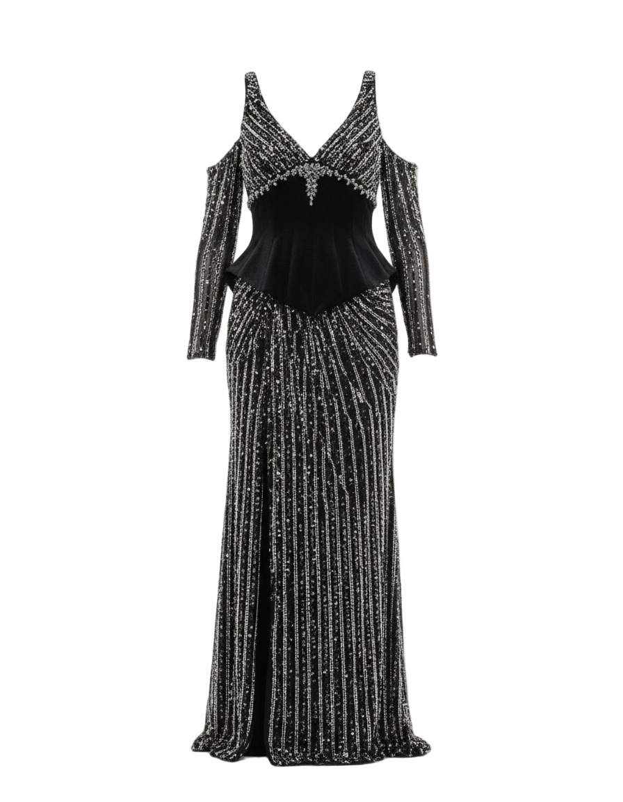 Ghost mannequin shot of black and silver sequined gown