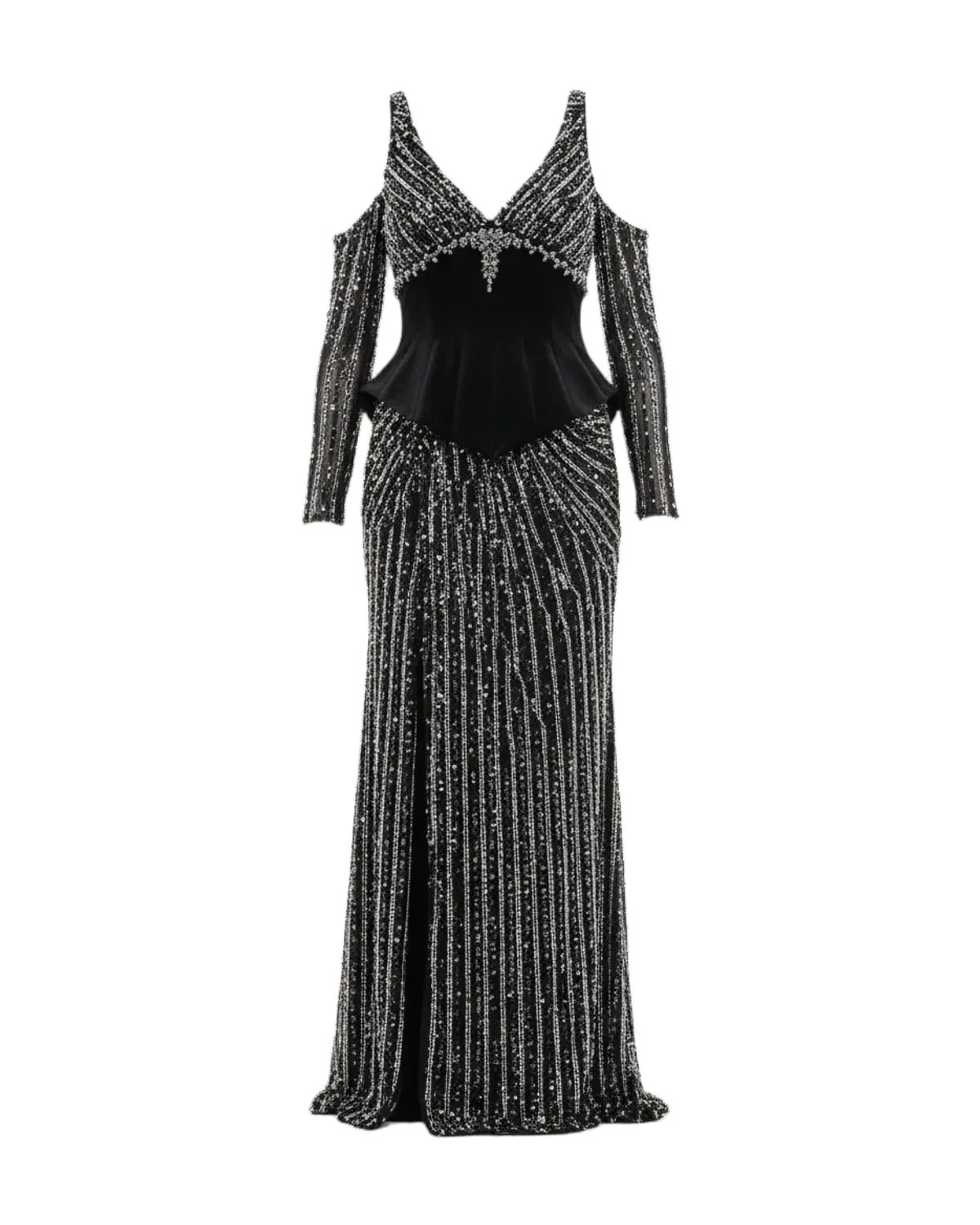 Ghost mannequin shot of black and silver sequined gown